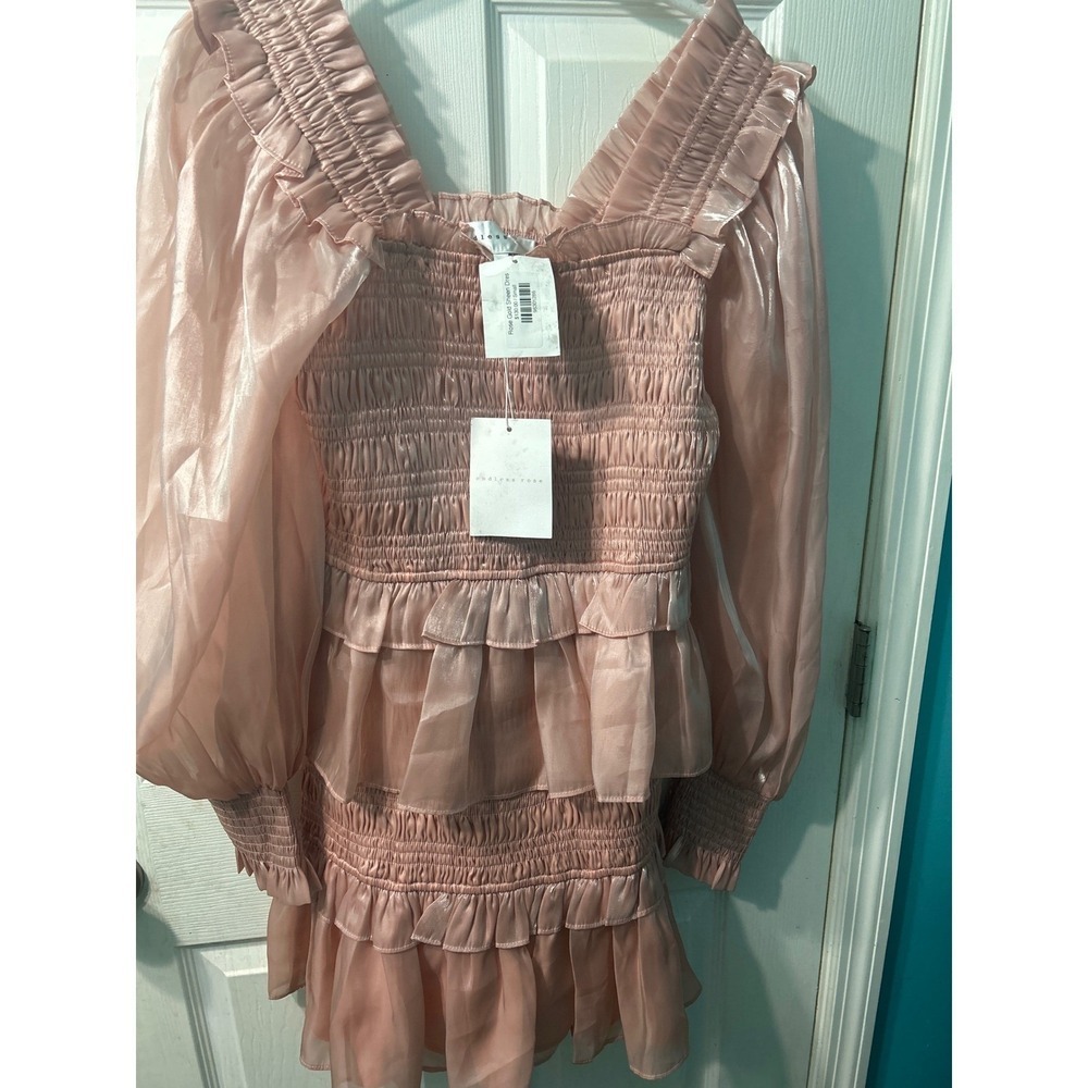 Endless Rose S Rose Gold Sheen Dress Pink Metallic Smocked Ruffle Mini HN1663D